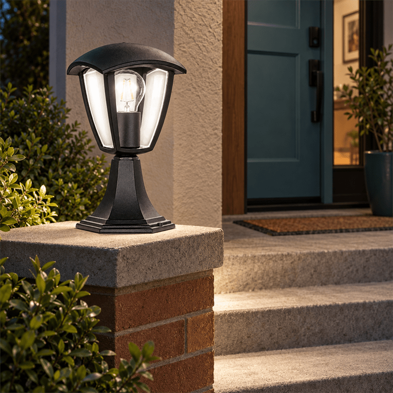 Black Outdoor Pillar Light IP44 shown installed in a lifestyle setting