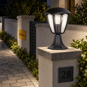 Black Outdoor Pillar Light IP44 shown installed in a lifestyle setting