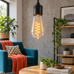 4W Dimmable Clear T64 Filament LED Bulb – E27, 2700K Warm White shown installed in a lifestyle setting