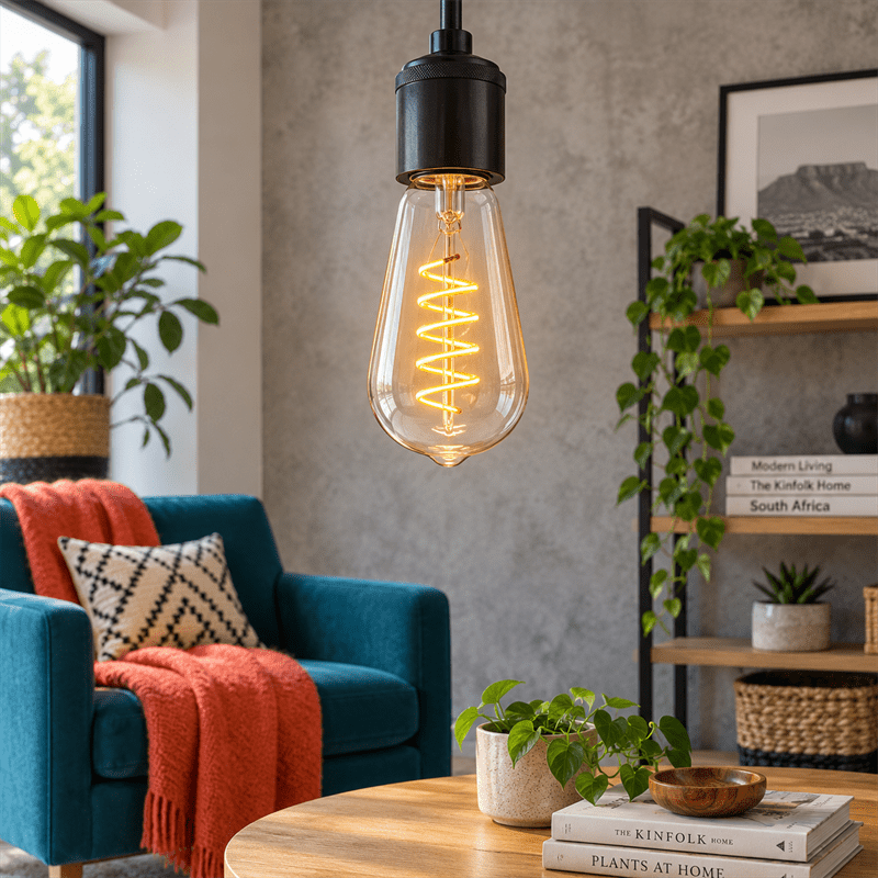 4W Dimmable Clear T64 Filament LED Bulb – E27, 2700K Warm White shown installed in a lifestyle setting