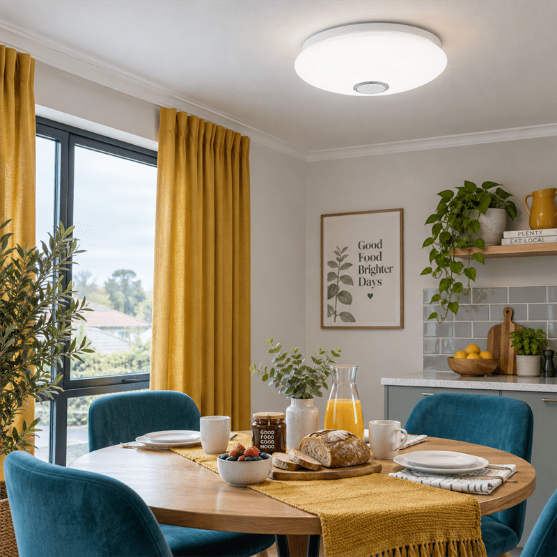 Ava White LED Ceiling Fitting & Bluetooth Speaker shown installed in a lifestyle setting