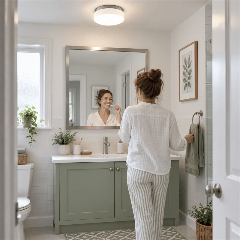 White Glass Bathroom Light - Metal Base shown installed in a lifestyle setting