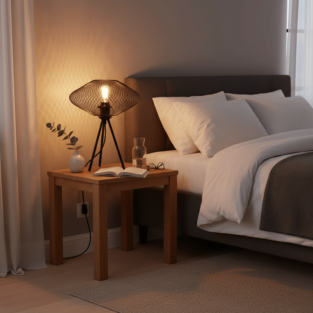 A black mesh table lamp on a wooden bedside table, illuminating a cozy bedroom scene with a book and a glass of water.