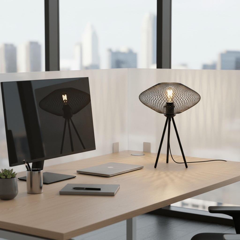 Black mesh table lamp on a modern office desk, illuminating a workspace with a soft glow.