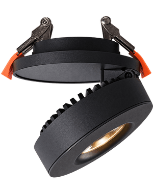 Giba recessed LED downlight 12W in black with orange spring clips on a transparent background