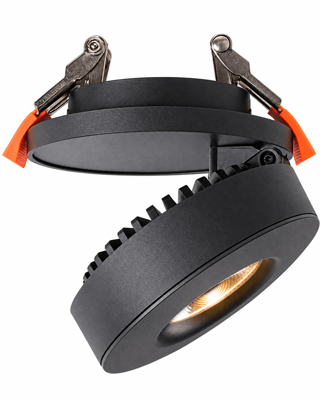 Giba recessed LED downlight 12W in black with orange spring clips on a white background