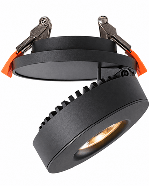 Giba recessed LED downlight 12W in black with orange spring clips on a white background