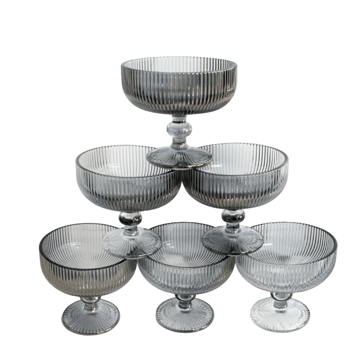 Glass Bowl Box of 6 - Chrome Silver Line Pattern