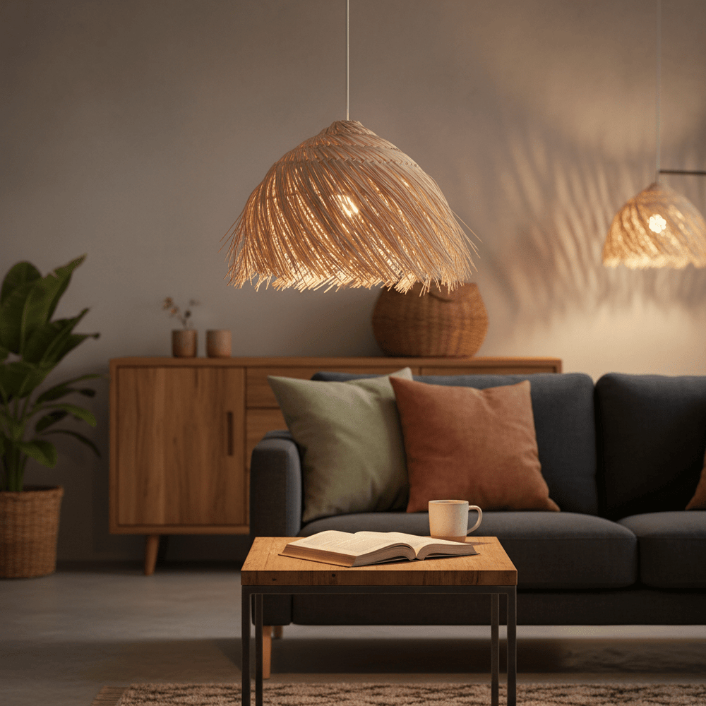 Feather Rattan Pendant Light hanging above a cozy living room setting with a coffee table and sofa.