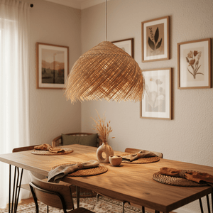 Feather Rattan Pendant Light hanging above a wooden dining table set with plates and decor.