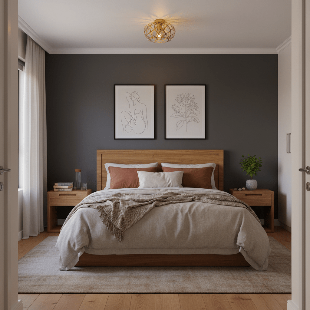 Gold nest-style flush ceiling light illuminating a modern bedroom with neutral tones and artwork.