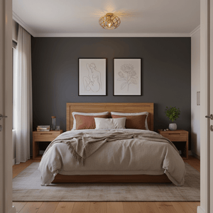 Gold nest-style flush ceiling light illuminating a modern bedroom with neutral tones and artwork.
