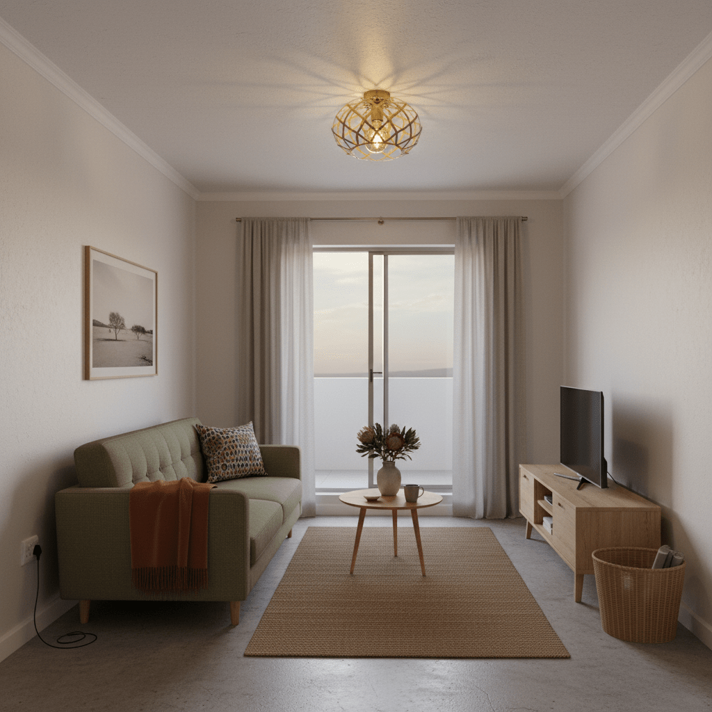 Gold nest-style flush ceiling light illuminating a cozy living room with a green sofa and wooden furniture.