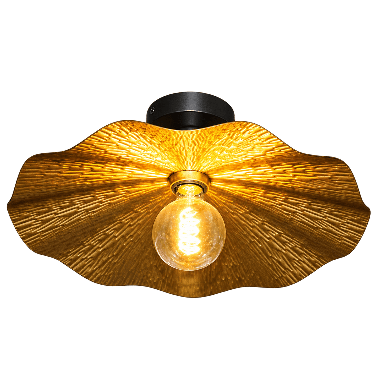 Golden flower ceiling fitting with warm bulb on a transparent background.