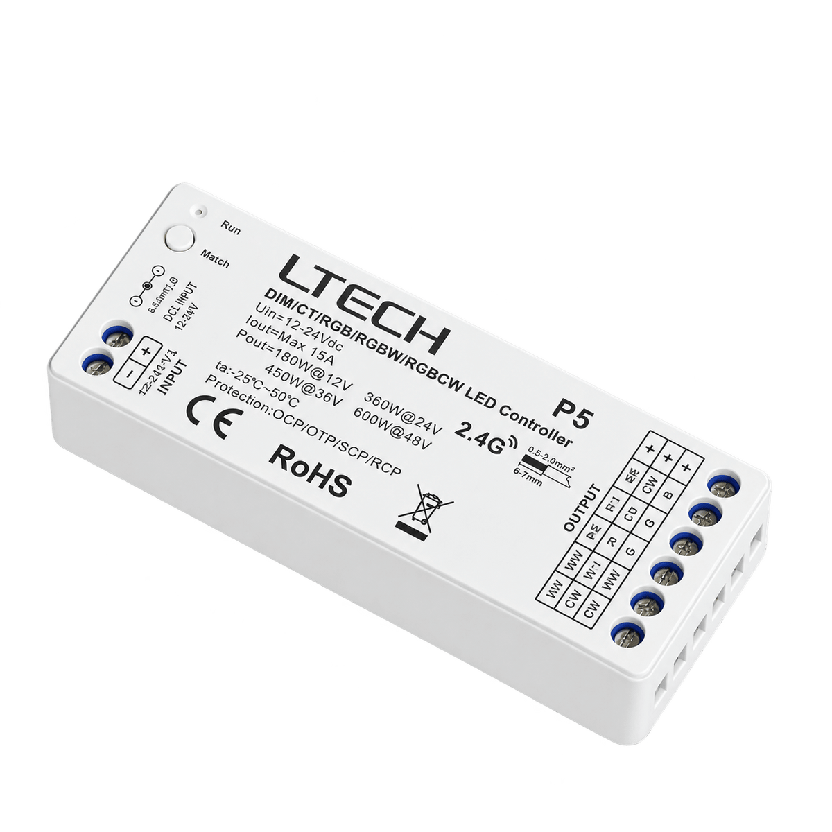 White LED controller with labeled input and output terminals, featuring a sleek, rectangular design and a matte finish.