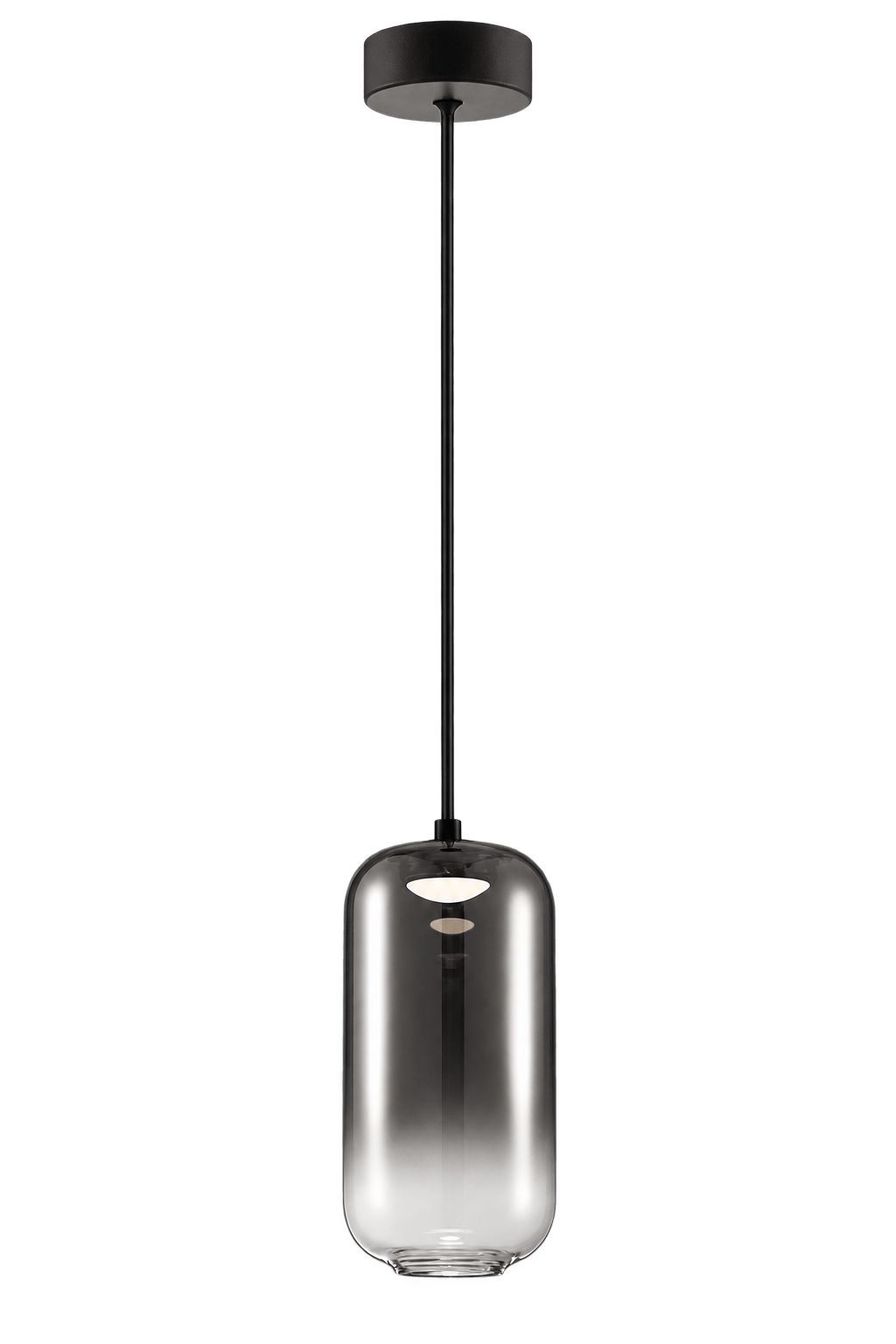 Black LED pendant light with a cylindrical glass shade, suspended from a black ceiling mount.