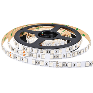 RGB LED strip light on a black reel, featuring a white flexible circuit with multiple LED chips and a protective backing.