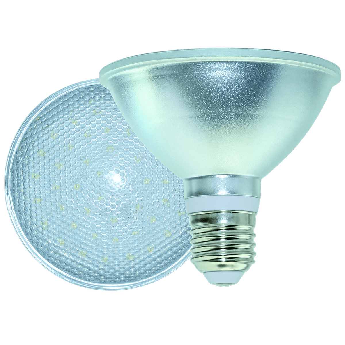 A blue 9W PAR30 LED bulb with a frosted finish, positioned next to a reflective, textured surface.
