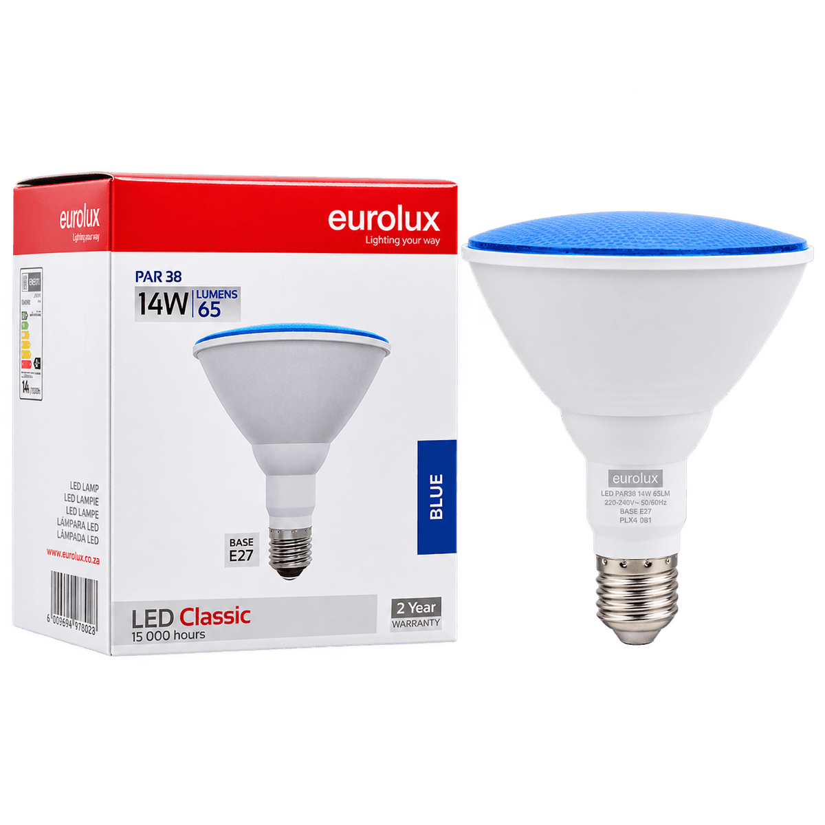 A blue-topped 14W PAR38 LED bulb next to its red and white box, featuring product details and branding.