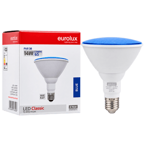 A blue-topped 14W PAR38 LED bulb next to its red and white box, featuring product details and branding.