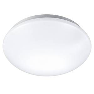 Large, round ceiling light with a smooth white finish and a silver edge, designed for battery backup.