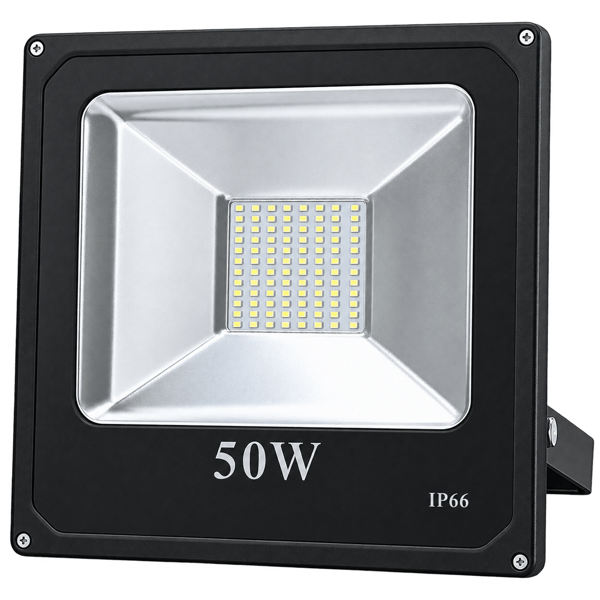 A 50W LED flood light with a silver reflective surface and black casing, featuring a mounting bracket.