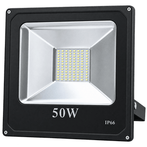 A 50W LED flood light with a silver reflective surface and black casing, featuring a mounting bracket.