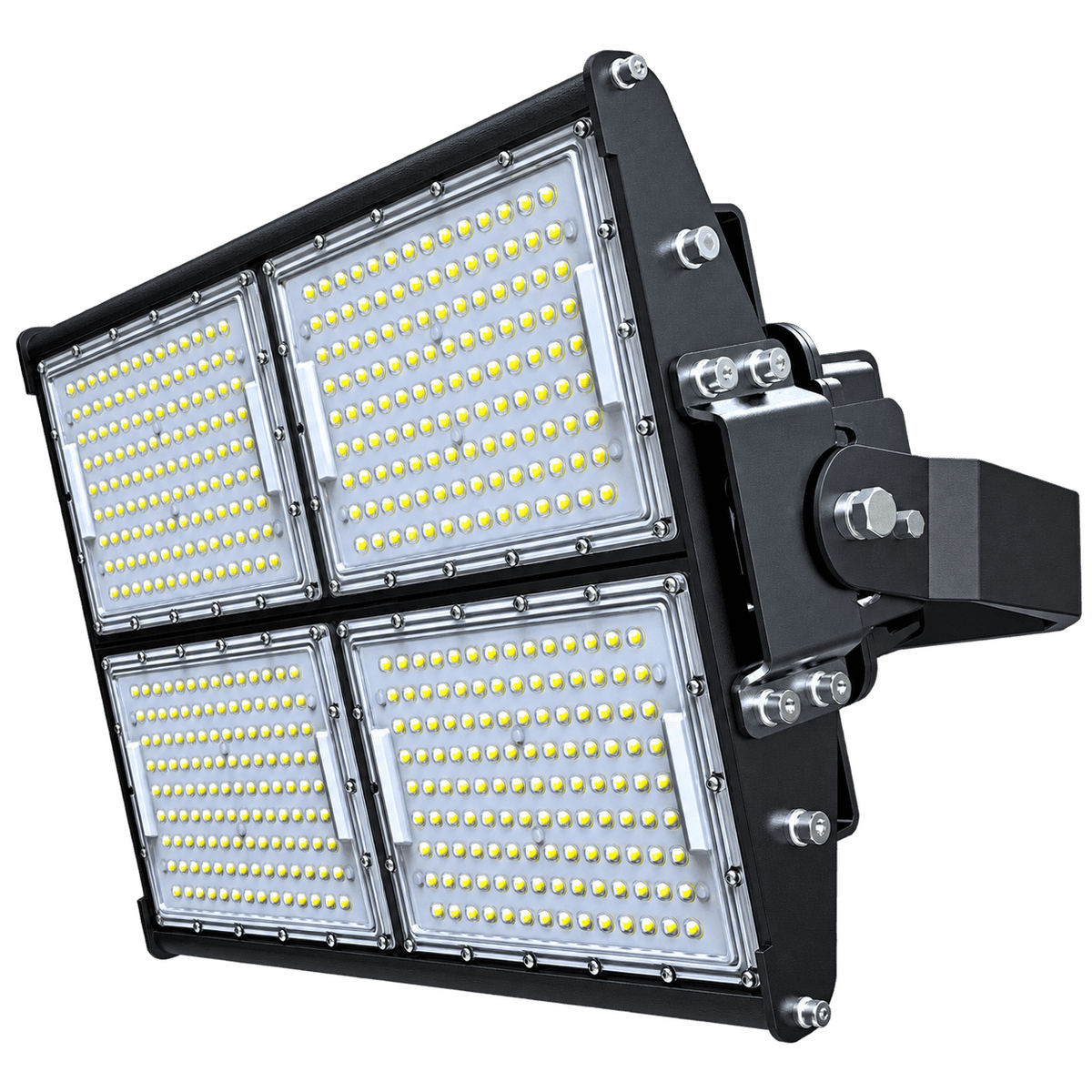 LED floodlight with four rectangular panels, black metal finish, and multiple yellow LED bulbs visible.