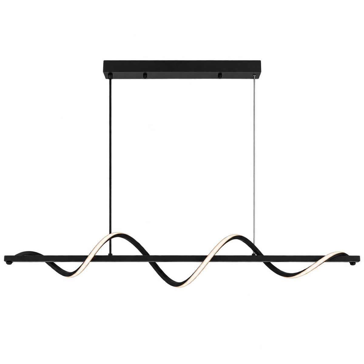 Black linear pendant light with a wavy design and warm white LED accents, suspended from a black ceiling mount.