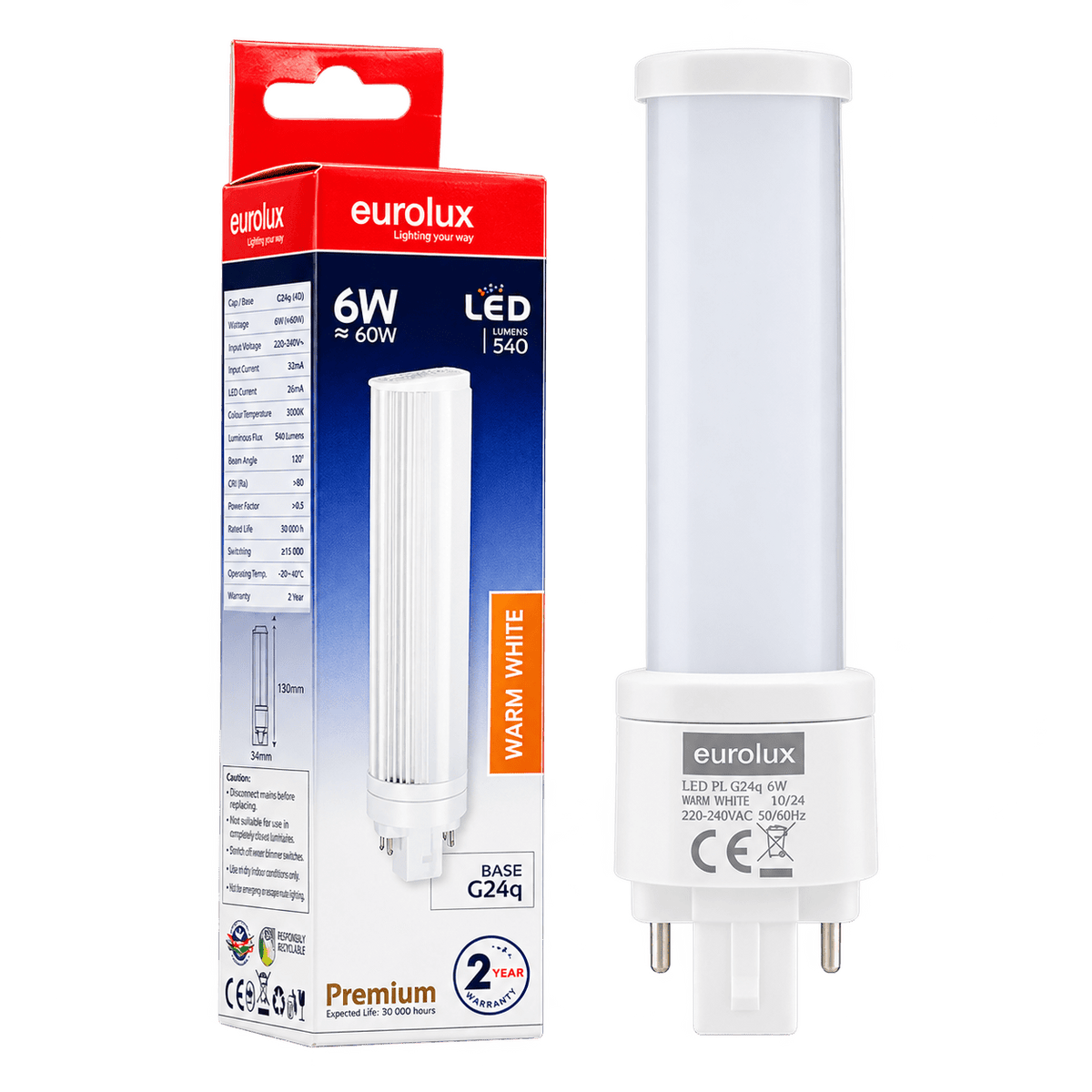 6W G24q LED PL Lamp, 3000K Warm White