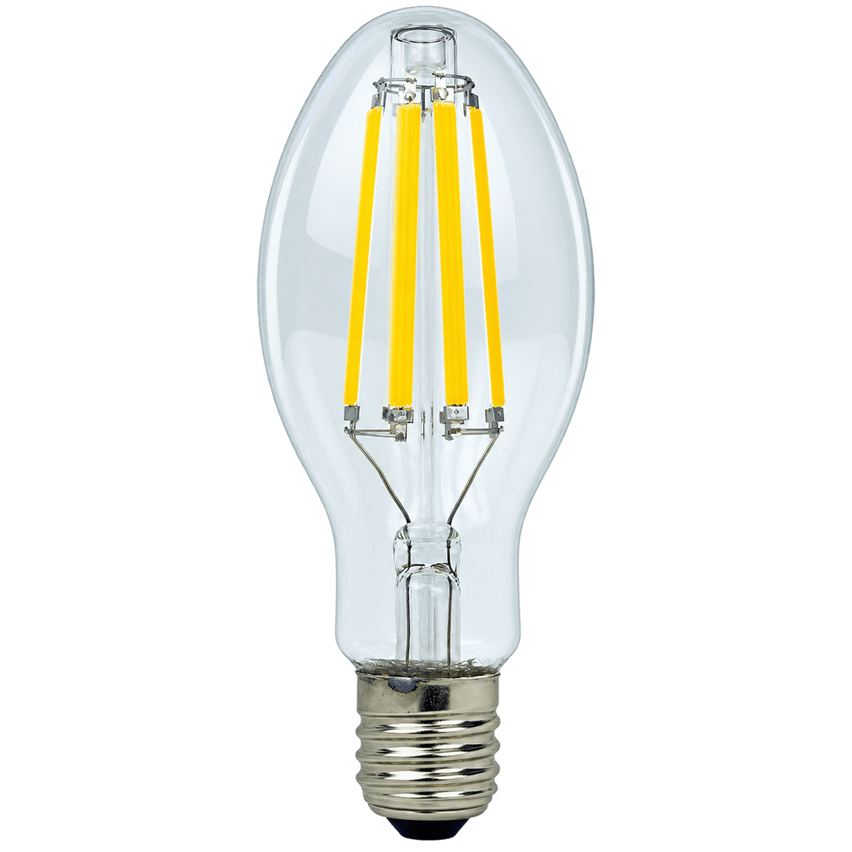 Clear glass LED bulb with a tapered shape, featuring four vertical yellow filaments and a silver base.