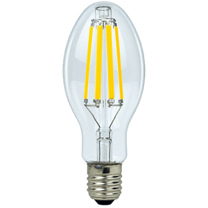 Clear glass LED bulb with a tapered shape, featuring four vertical yellow filaments and a silver base.
