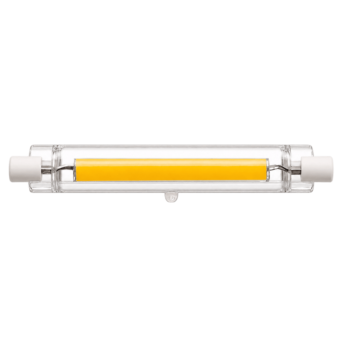 LED R7S bulb with a clear glass body and a central yellow light strip, featuring white end caps.
