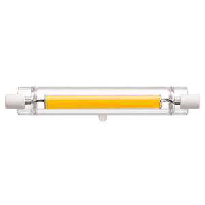 LED R7S bulb with a clear glass body and a central yellow light strip, featuring white end caps.