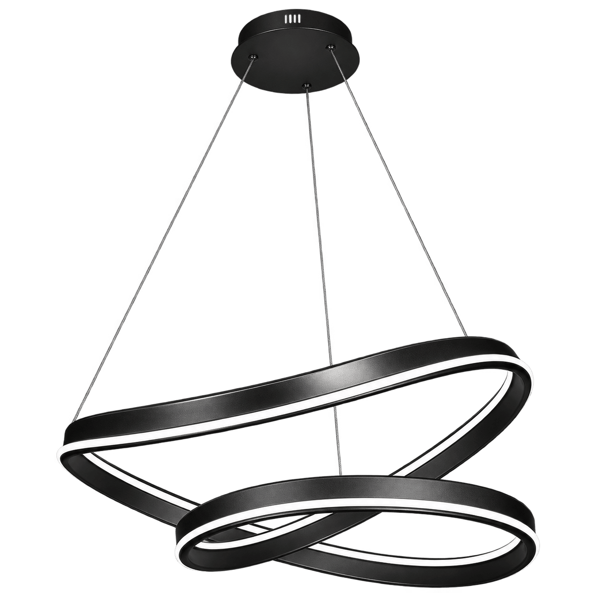 Black pendant light with two intertwined rings, featuring a matte finish and illuminated edges, suspended from a ceiling mount.