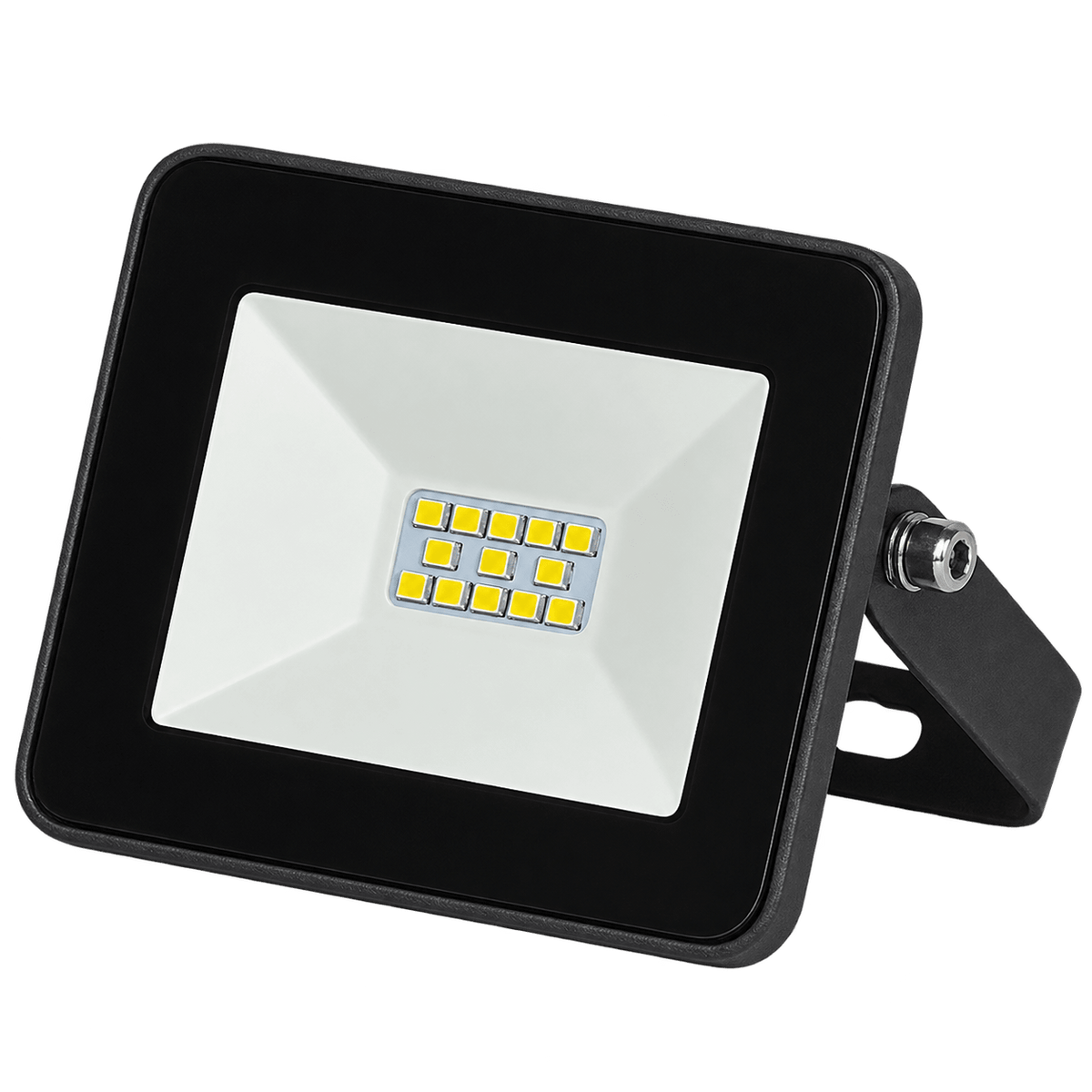 A black LED flood light with a square shape, featuring a white lens and multiple yellow LED bulbs arranged in a grid.