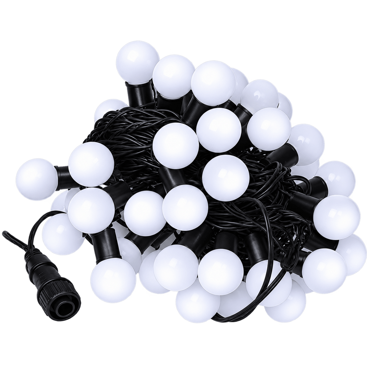 A tangled string of white LED ball lights on a black wire, featuring multiple evenly spaced bulbs.
