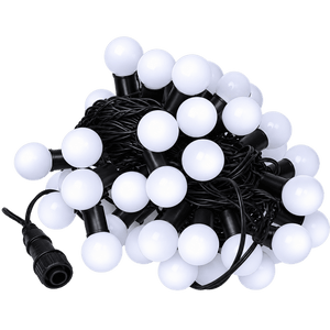 A tangled string of white LED ball lights on a black wire, featuring multiple evenly spaced bulbs.