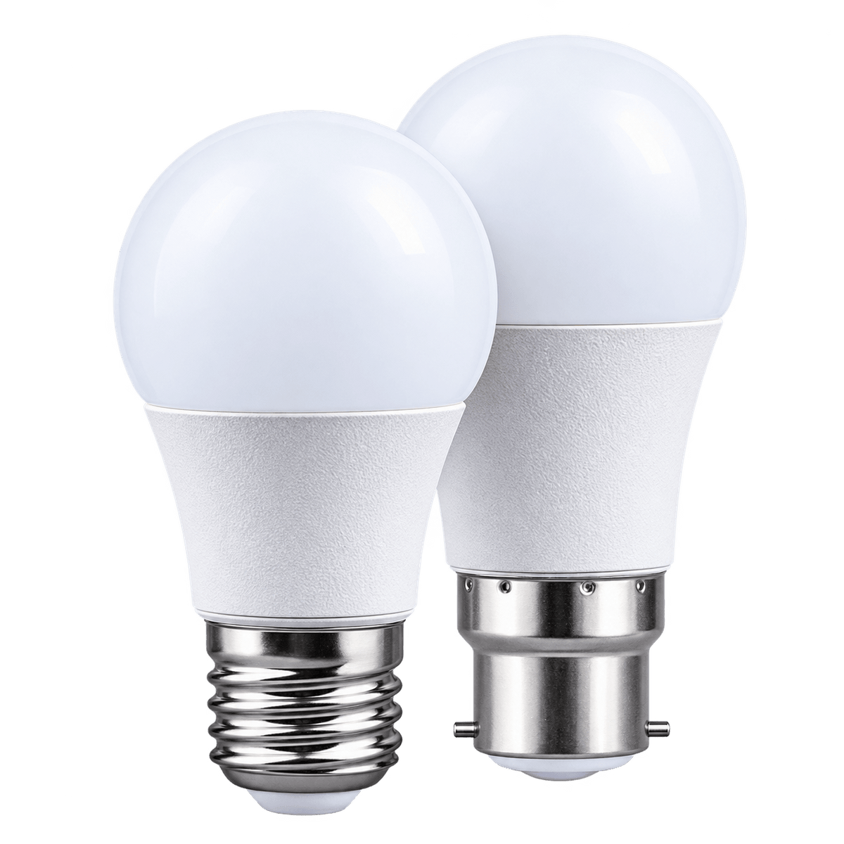Two A60 LED bulbs with a glossy white top and textured white base, featuring E27 and other fittings.