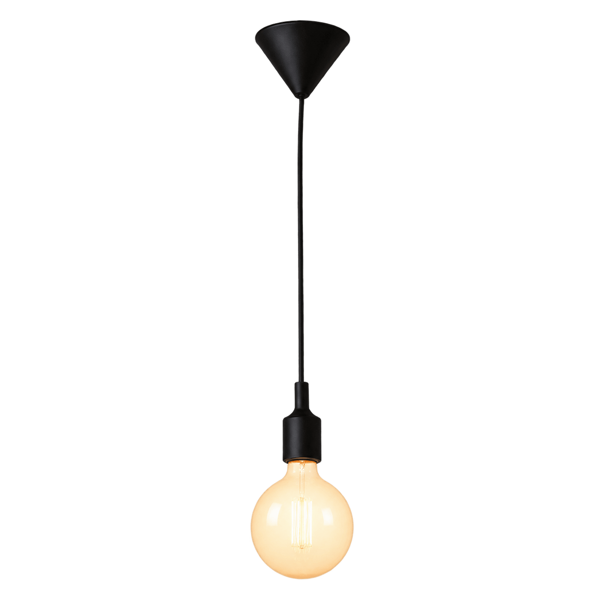 Black silicone LED pendant light with a round bulb, suspended from a conical ceiling mount.