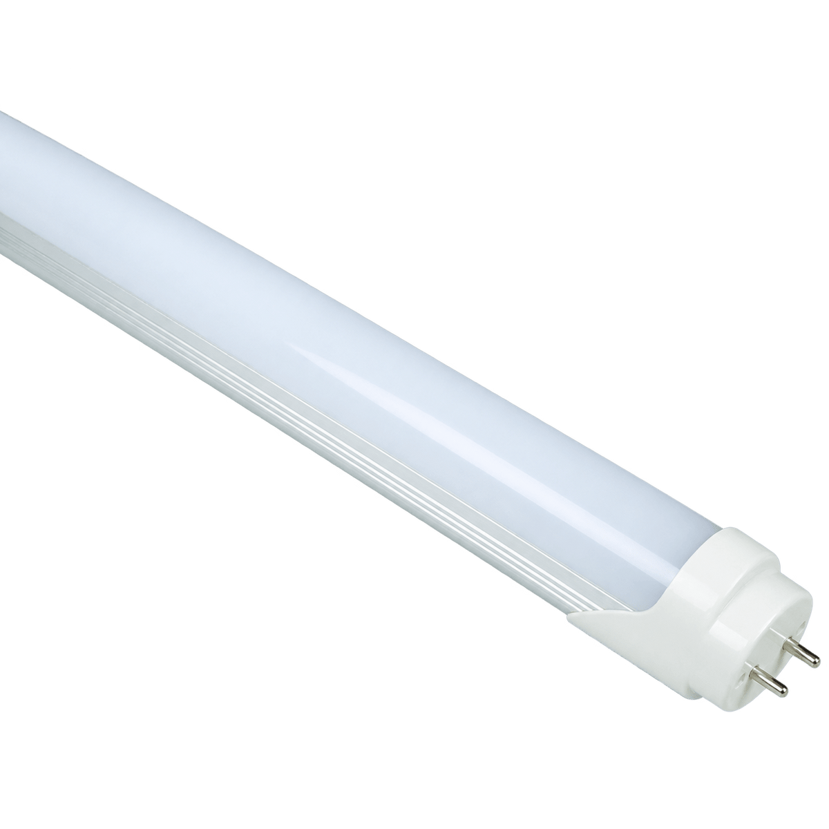 Frosted T8 LED tube light with a white plastic finish and two metal pins at one end, angled view.