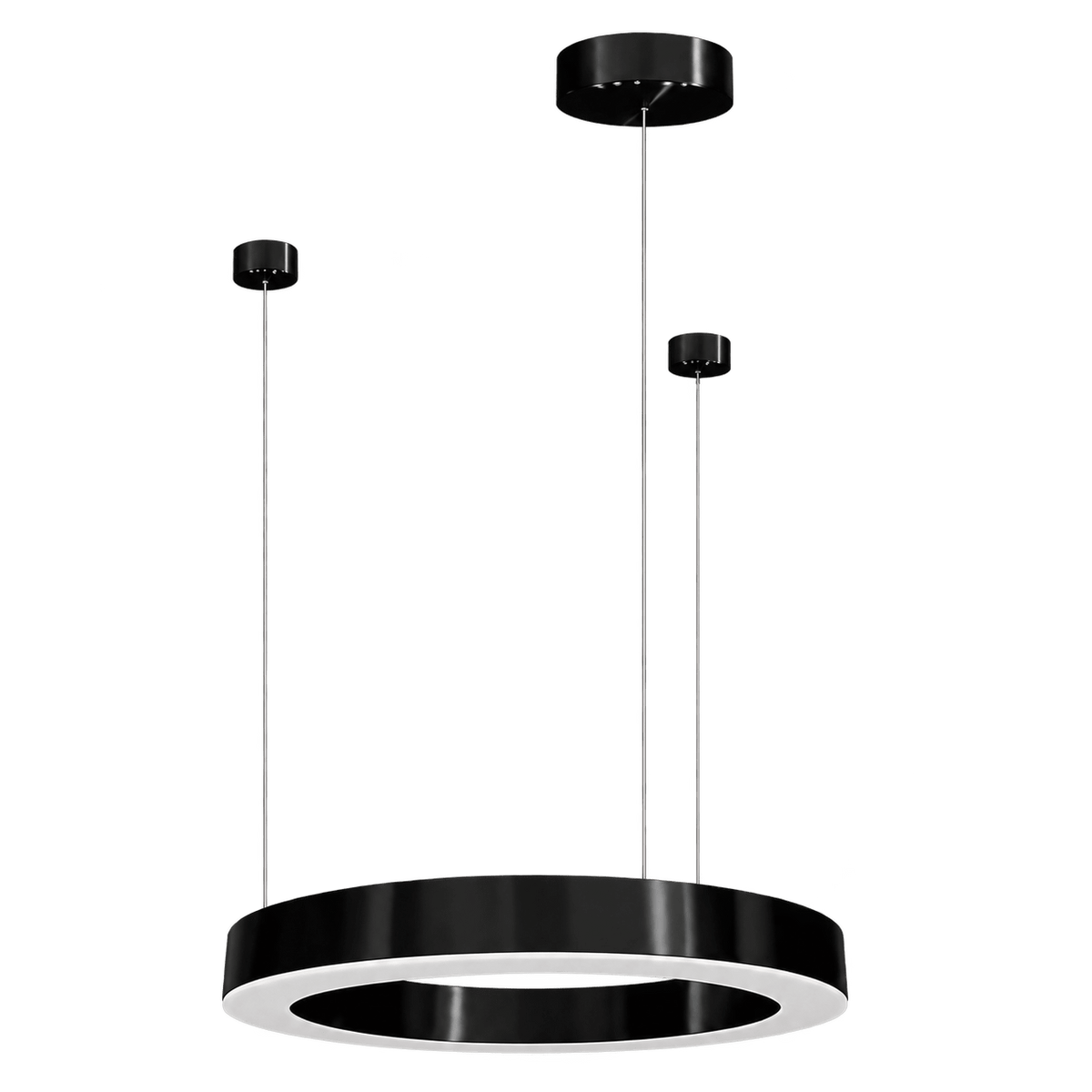 Black circular LED pendant light with a glossy finish, suspended by thin cables from a ceiling mount.