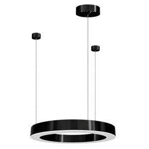 Black circular LED pendant light with a glossy finish, suspended by thin cables from a ceiling mount.