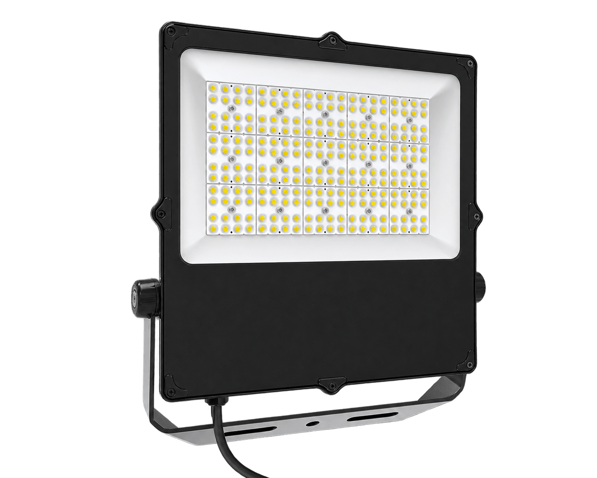 Black coastal floodlight with a white LED panel, featuring multiple yellow and white lights arranged in a grid pattern.