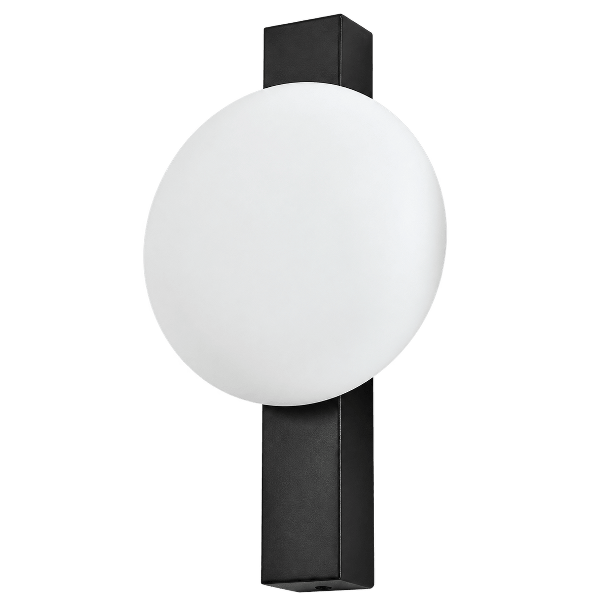 Black wall-mounted light fixture with a round white glass shade and a rectangular black base.