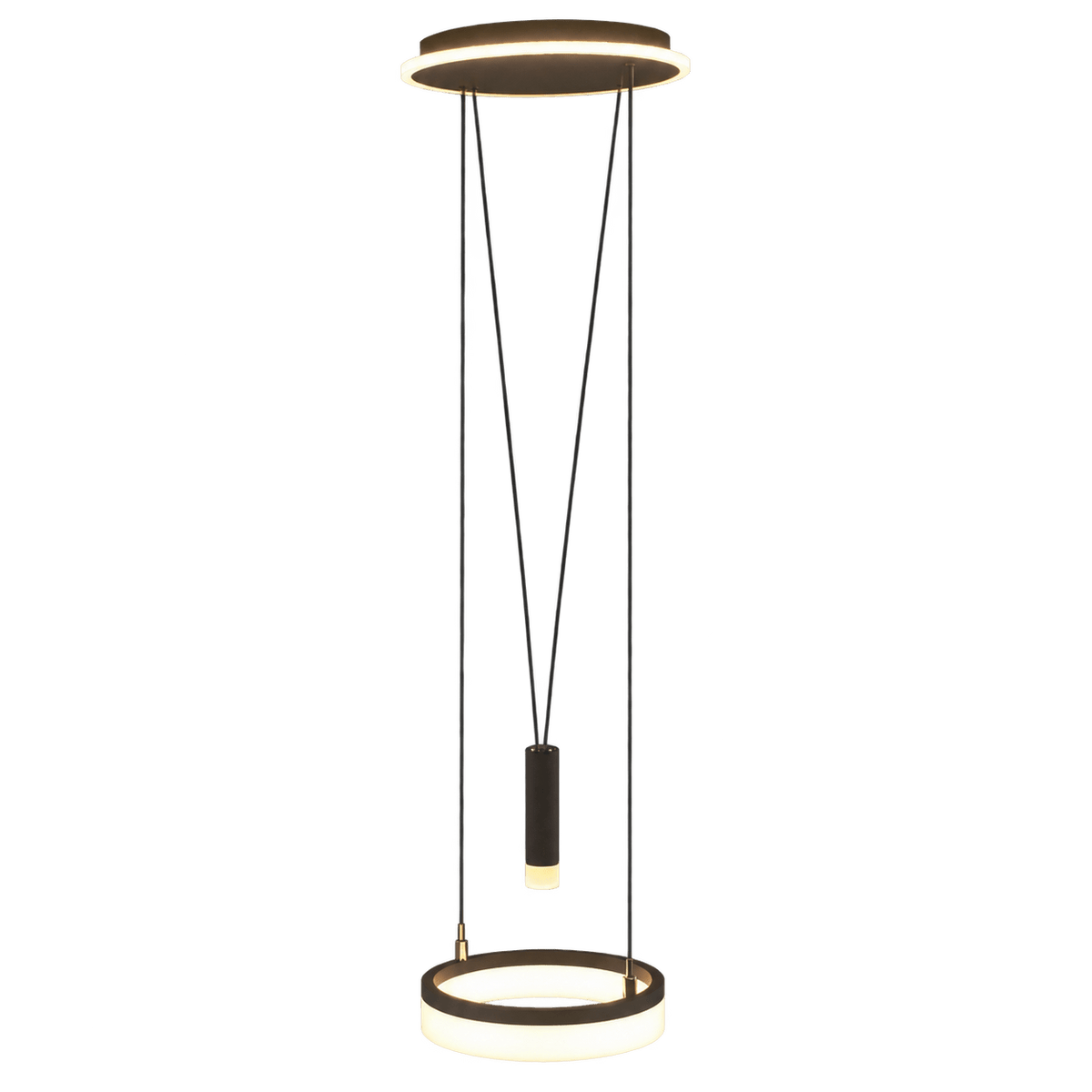 Black pendant with two glowing circular rings, hanging via cords and pulley against a green backdrop.