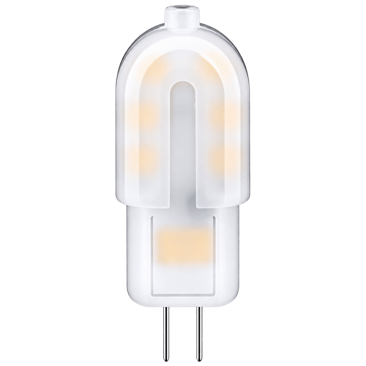 G4 capsule LED bulb with a clear plastic finish, featuring two visible light sources and two metal pins at the base.