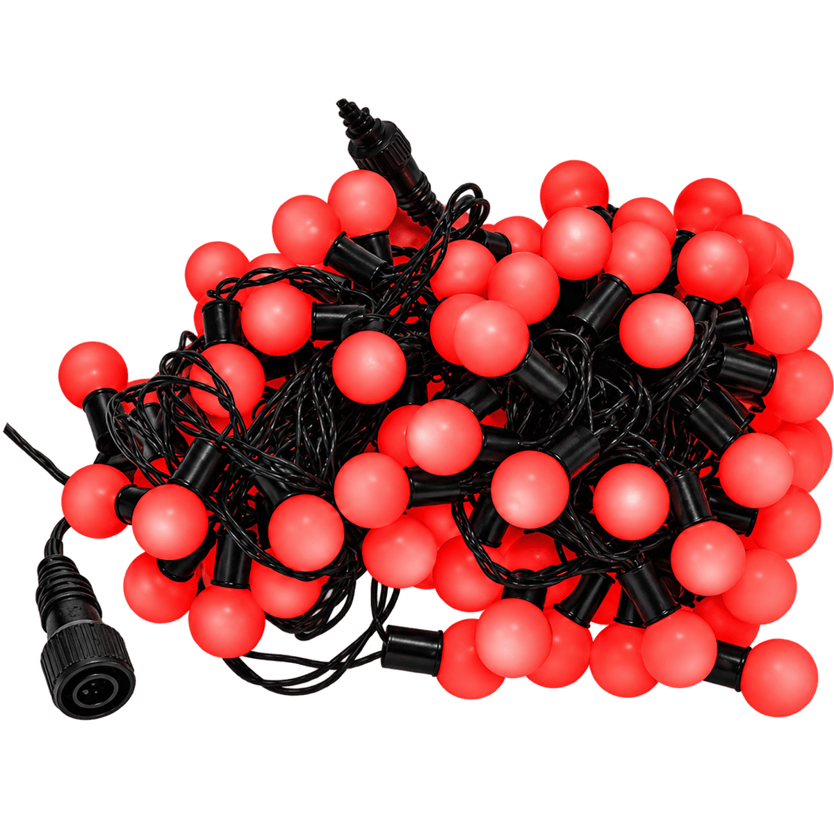 A tangled string of red LED ball lights with black connectors and wiring.