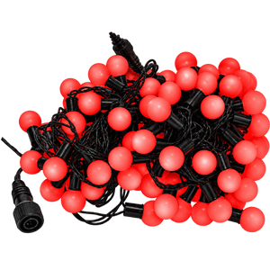 A tangled string of red LED ball lights with black connectors and wiring.