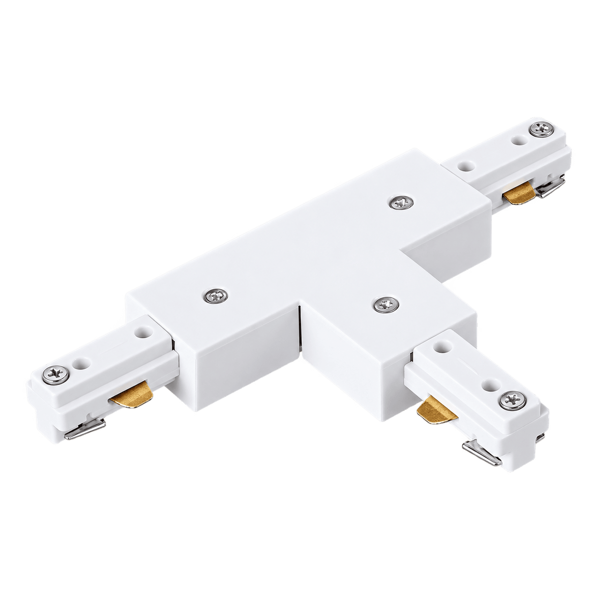 White 3-wire track T-connector with two side connectors and a central body, featuring visible screws and gold contacts.